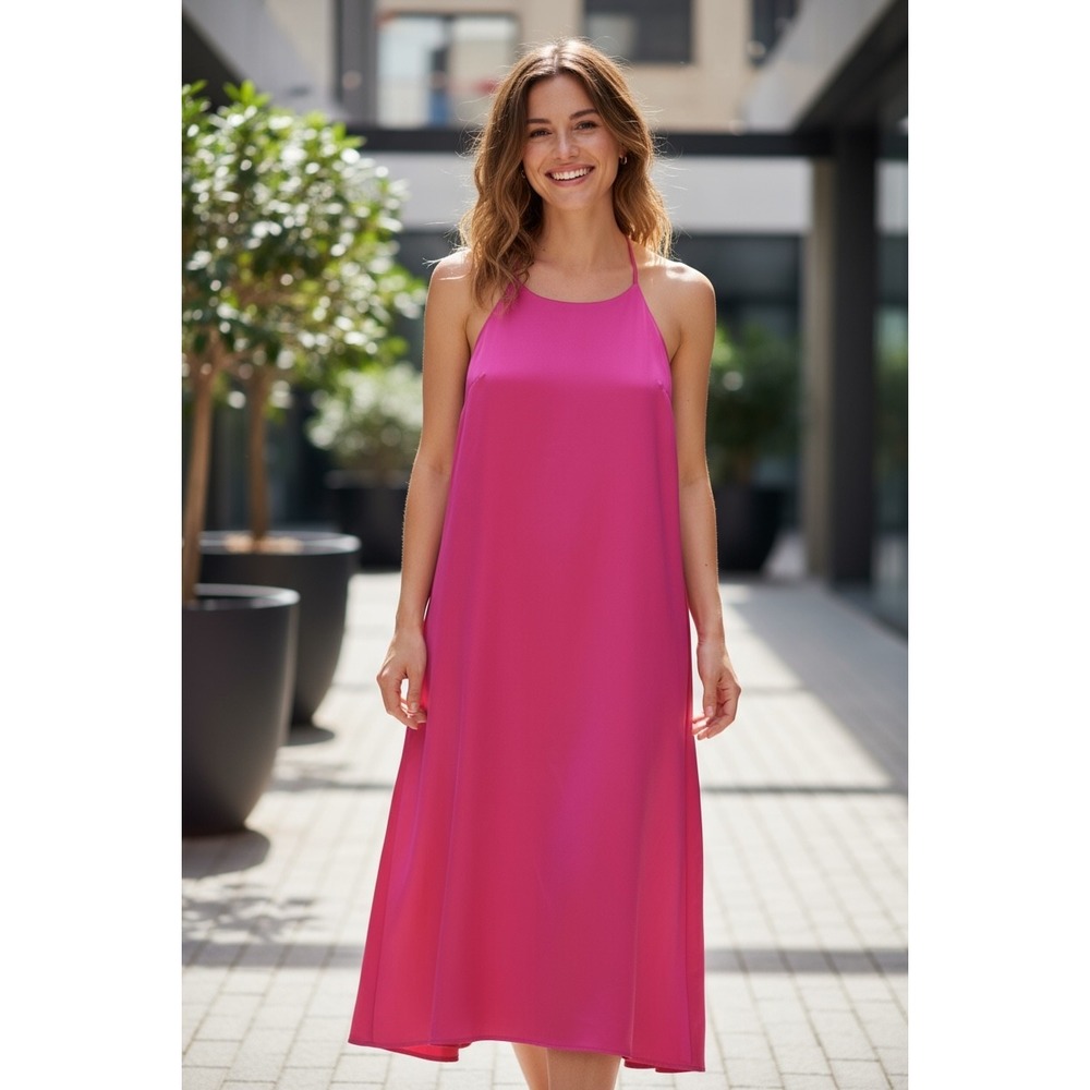 EVERLY‎ Hot Pink Halter Neck Midi Dress Sleeveless Casual Summer